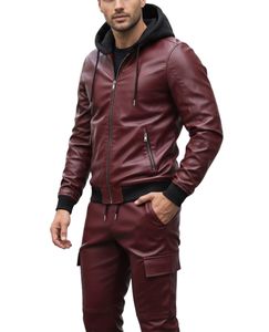 Men's Premium Burgundy Leather Hooded Tracksuit Set – Full Zip Leather <b>Jacket</b> & Cargo Jogger Pants Two-Piece Outfit - Product Image 1