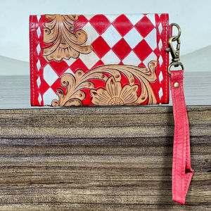 2026 Premium Cowgirl Handcrafted Tooled Checkered Leather Wristlet Wallets Genuine Leather Floral Clutch <b>Purse</b> RFID Card Holder - Product Image 6
