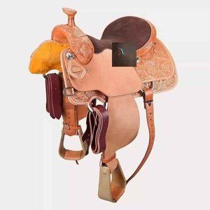 Silla de montar western de cuero tórtula para carreras de barriles, con grabado floral hecho a mano, asiento de gamuza marrón, juego de aparejos, de 10 a 18 pulgadas, con estructura de plástico - Product Image 1