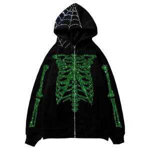 Sudadera con capucha unisex negra de invierno con estampado de esqueleto rojo brillante, tela de araña con pedrería, estilo gótico urbano, bordada, con cremallera frontal, oversize - Product Image 4
