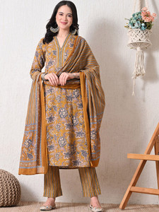 <b>Women</b> Floral Printed Cotton Quick Dry <b>Kurta</b> Set Dupatta V-Neck Regular Fit Knee-Length Traditional Indian Pakistani Style Diwali - Product Image 3