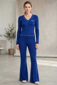 Women's Navy Blue Ribbed Knit V Neck <b>Long</b> Sleeve Top and Flare Pants Set with Contrast Trim - Product Image 5