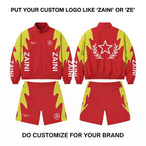 ZAINI Premium 120 GSM Polyester Taslan <b>Red</b> Yellow Solid Men's Winter Windbreaker Short Set Custom Embroidered Logo Quick Dry - Product Image 1