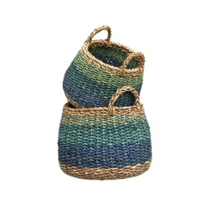 Durable Handcrafted Seagrass <b>Laundry</b> <b>Basket</b> with Blue Green Gradient Accent Multi Functional <b>Woven</b> Container Bin - Product Image 1