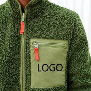 Men's Olive Green Fleece <b>Jacket</b> Full Zip Stand Collar <b>Pocket</b> Logo Front Casual Autumn Wear - Product Image 5
