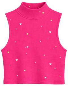 Débardeur court côtelé rose vif personnalisé à col montant sans manches avec imprimé cœurs et étoiles pour femme, coupe ajustée extensible, mode estivale - Product Image 1