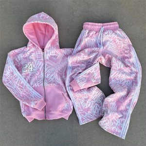 ชุดเซ็ตแทรคสูทสตรีทแวร์แบบยูนิเซ็กซ์ ลายพิมพ์เปลวไฟ เสื้อฮู้ดและกางเกงขายาว สีดำขาว ผ้าฝ้าย ชุดลำลองสำหรับฤดูใบไม้ร่วง ความยาวเต็มตัว - Product Image 3