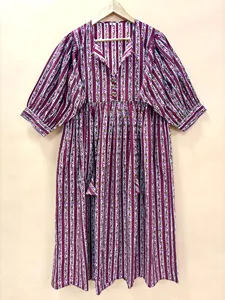 <b>Boho</b> Style Striped Hand Block Print Cotton Midi <b>Dress</b> With Tie-Neck Short Sleeve <b>Summer</b> Casual <b>Dress</b> For Women - Product Image 1