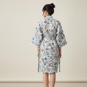 Bata Kimono de Algodón Gris Floral para Mujer, Manga Larga, Cuello en V, Bata de Baño Larga, Ropa de Estar por Casa, Ropa de Dormir con Cinturón Ajustable - Product Image 3