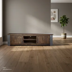 Mueble de TV de Madera Maciza Industrial, Consola Multimedia de 2 Puertas, Estructura de Metal Rústico, Mueble de Televisión para Sala de Estar - Product Image 2