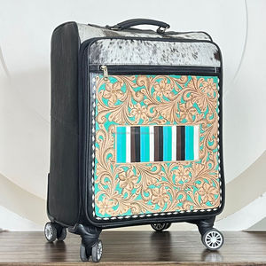 New Women's High Quality Handmade Real Cowhide Leather Floral Pattern Travel <b>Suitcase</b> Premium Style Zipper Closure Luggage Bag - Product Image 5