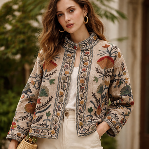 RAJASTHANI TEXTILE Bomber <b>Jacket</b>-Floral Embroidery Reversible Design <b>Short</b> Length Mandarin Collar Spring Season Sheep Skin - Product Image 5