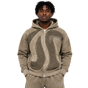 Sweat-shirt polaire zippé vintage pour homme, coupe oversize, avec logo en strass, panneaux incurvés, effet délavé, style streetwear, poids lourd, USA - Product Image 4