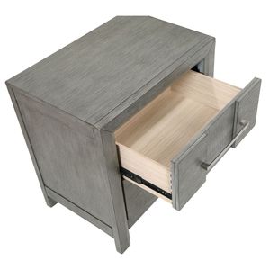 Comodino moderno in legno grigio a 2 cassetti con maniglie in metallo argentato - Product Image 3
