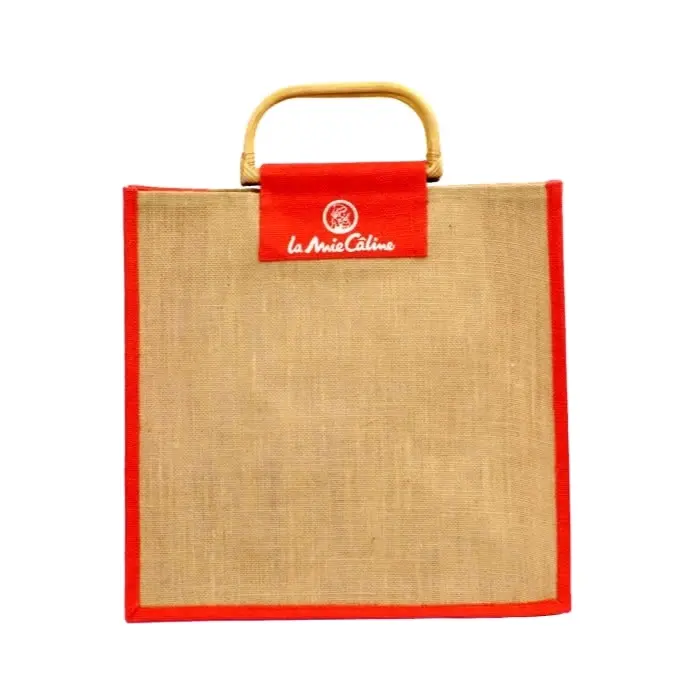 Sacola de vinho eco friendly, sacola de serapilheira de juta com alça de bambu, saco de compras de cânhamo natural, logotipo personalizado para presente