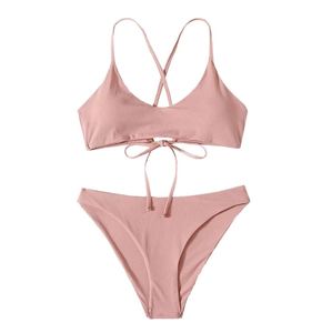 Ensemble bikini côtelé pour femmes, maillot de bain deux pièces à col en V profond avec bas de maillot de bain à cordon de serrage, couleur unie, tissu extensible - Product Image 1
