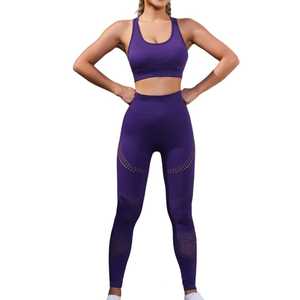 Conjunto de yoga de 2 piezas para mujer: leggings de cintura alta y sujetador deportivo racerback, morado liso, sin costuras, de elastano/nailon transpirable, ropa deportiva frontal activa. - Product Image 1