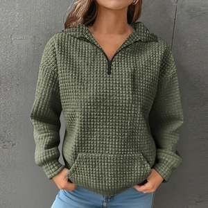 OEM 3/4 Zip Mock Neck Women Long Sleeve Drop Shoulder Waffle Knitted Pullover Solid Warm Fall Winter Sweatshirts with Pockets - Product Image 4