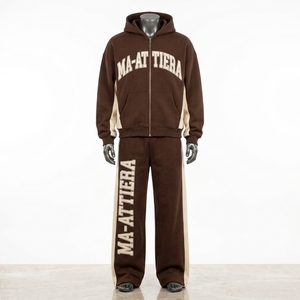 Ensemble sweat à capuche et pantalon cargo marron bicolore zippé pour homme, style streetwear oversize - Product Image 3