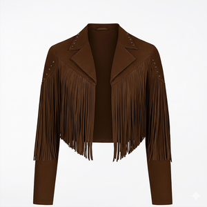 Chaleco de cuero marrón para mujer con flecos y cuello con muescas, estilo bohemio, corto. - Product Image 4