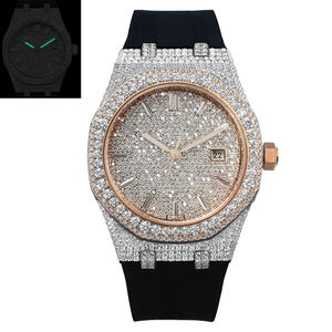 Montre mécanique Iced avec cadran doré, bracelet noir, affichage de la date, lunette sertie de diamants, montre-bracelet de luxe - Product Image 4