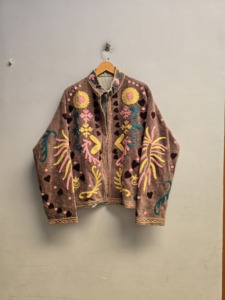 Brown <b>Velvet</b> Suzani <b>Jacket</b> <b>Women</b> Handmade Knitted Floral Heart Embroidery Boho Ethnic Winter Autumn Coat 100% Cotton Lining - Product Image 1