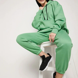 Women 2 Piece Tracksuit Set Green Hooded Sweatshirt With Pocket Loose Fit Casual All Seasons Fleece Material Knitted Solid Color - Product Image 4