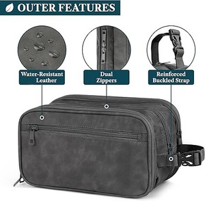 Trousse de rasage portable en cuir véritable résistante à l'eau, grande capacité, pour voyage, avec fermeture éclair, pour cosmétiques et articles de beauté - Product Image 5