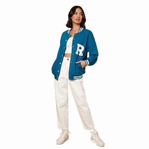 REBA SPORTS IMPEX <b>Women's</b> Blue Varsity <b>Jacket</b> <b>White</b> R Logo Front Pullover Collar Full Sleeve Lightweight Color Blocked - Product Image 2