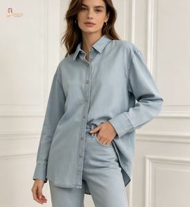 Camisa de Popelina de Algodón Azul Claro para Mujer, Talla Grande, con Botones, Manga Larga, Corte Holgado Informal, Color Sólido, Blusa Larga - Product Image 1