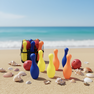 Set da bowling colorato con 6 birilli, 2 palline, borsa a rete, gioco da spiaggia all'aperto per bambini da 8 a 13 anni, giocattolo unisex - Product Image 3