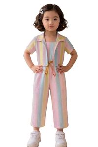 Mono para Niñas |   Conjunto de una pieza de manga corta con bolero sin tirantes integrado y lazo en la cintura, largo completo, material de poliéster/rayón - Product Image 1