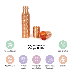 Hammered Style Copper <b>Water</b> Bottle with Two <b>Glasses</b> Large Capacity 500ml for Home Office & Outdoor Use - Product Image 2