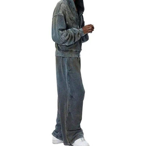 Men's Oversized <b>Vintage</b> Acid Wash Hoodie And Flared Sweats Set Rhinestone Graffiti Heavy Zip Up Sun Faded <b>Tracksuit</b> Men - Product Image 2