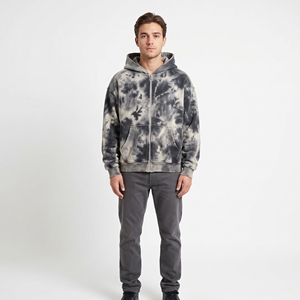 Sudadera con capucha y cremallera para hombre, color negro y gris, estilo tie-dye, oversize, estilo urbano, de forro polar. - Product Image 1
