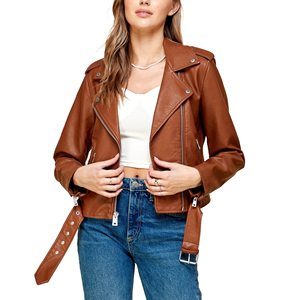 Women's Genuine Leather Moto <b>Jacket</b> Brown Full Sleeve Zipper Closure Slash Neck Belted Design Autumn Style - Product Image 4