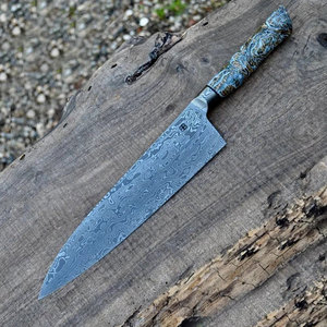 Cuchillo de chef de acero de Damasco con hoja y mango con diseño azul - Product Image 3