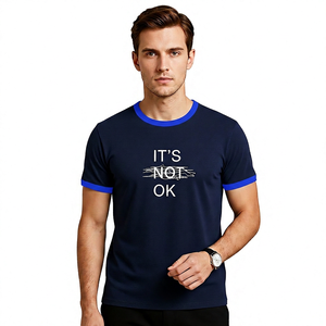 Men's <b>Navy</b> Blue O-Neck Short Sleeve T-Shirt Contrast Trim 'It's Not Ok' Print 100% Cotton Regular Fit Silk Screen Printed - Product Image 5