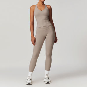Wholesale Solid Cross <b>Bra</b> Cutout Deep V Neck High Waist Yoga Leggings 2-Piece Set Breathable Quick Dry Eco-Friendly - Product Image 3