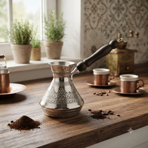 Cafetera turca de plata grabada, niquelada, Cezve, Ibrik árabe, Briki griega, calentador de leche para estufa con mango largo de madera negra - Product Image 3