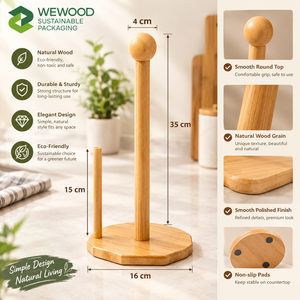 Wooden Paper <b>Towel</b> <b>Holder</b> with Stable Base – Natural Wood <b>Kitchen</b> Roll Dispenser - Product Image 4