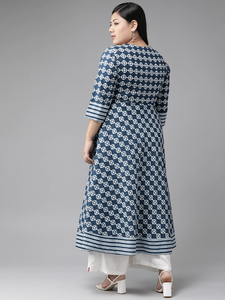 Kurta Anarkali en coton bleu à col mandarin et motifs floraux, grande taille pour femme, manches trois quarts, respirant, look estival - Product Image 3