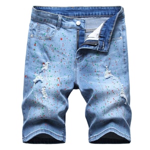 Shorts en jean pour homme, peints, extensibles, style splash d'encre, pour une touche de personnalité - Product Image 1