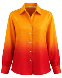 เสื้อเชิ้ตผู้หญิงแขนยาวสีเหลืองซันเซ็ทไล่เฉดสีแดงแบบกระดุมหน้า สไตล์ลำลองสำหรับใส่ทำงาน ผู้ผลิตเสื้อผ้าแบบ OEM สั่งทำได้ - Product Image 1