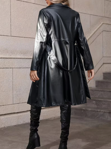 Plus Size Women s Long Faux Leather Trench Coat Solid Color Full Sleeve Notched Collar Autumn Outerwear Casual Style - Product Image 2