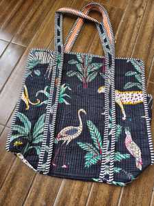 Bolsa de Mano de Algodón Negra con Cierre Abierto, Estampado Tropical de Animales de la Selva, Pájaros y Tigres, Color Sólido, Elegante, Lista para la Playa - Product Image 3