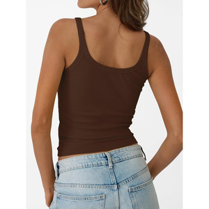 Women's Brown Ribbed Spaghetti Strap Tank <b>Top</b> Scoop Neck Casual Knitted Solid Color Cotton Spandex Blend Breathable 180g - Product Image 4
