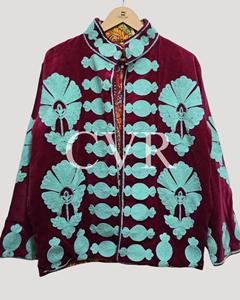 Abrigo de Terciopelo con Bordado Floral a Mano, Cuello Mandarín, Manga Larga, Talla Grande, Ropa de Invierno para Mujer - Product Image 1