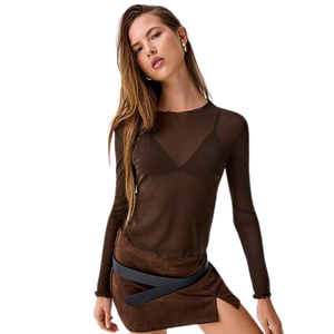 Chemisier en maille à col rond pour femme, uni, à manches longues, transparent, ajusté, pour superposition, pull-over, vêtement de mode pour le quotidien et les soirées - Product Image 1