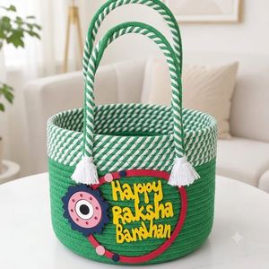 Panier tissé en coton blanc et violet écologique traditionnel avec décoration Joyeux Raksha Bandhan - Product Image 3